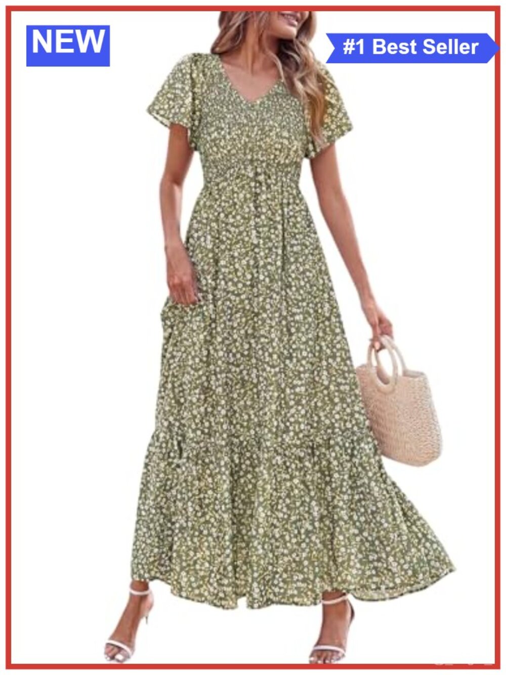 Women's Floral Boho Maxi Dress V-Neck Smocked A-Line Short Sleeve Summer